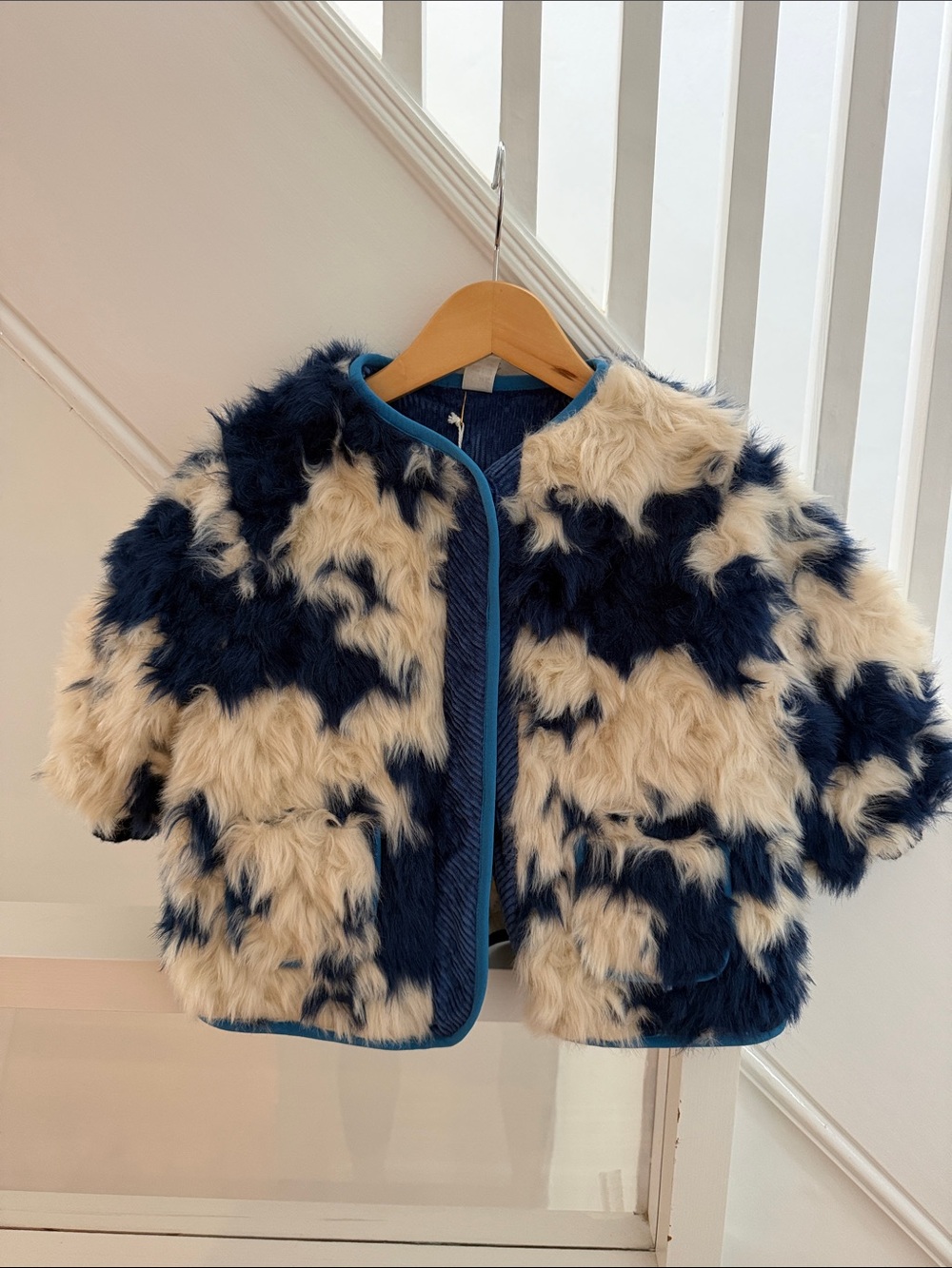 Tia Cibani Kids Faux Fur Jacket in Navy & Cream